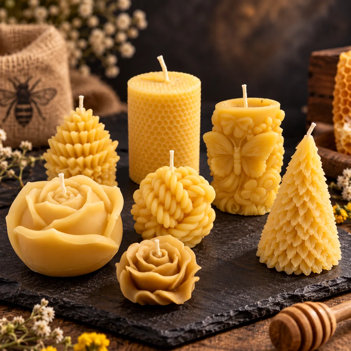 Bougies artisanales en cire d’abeille de mon rucher à Montreuil