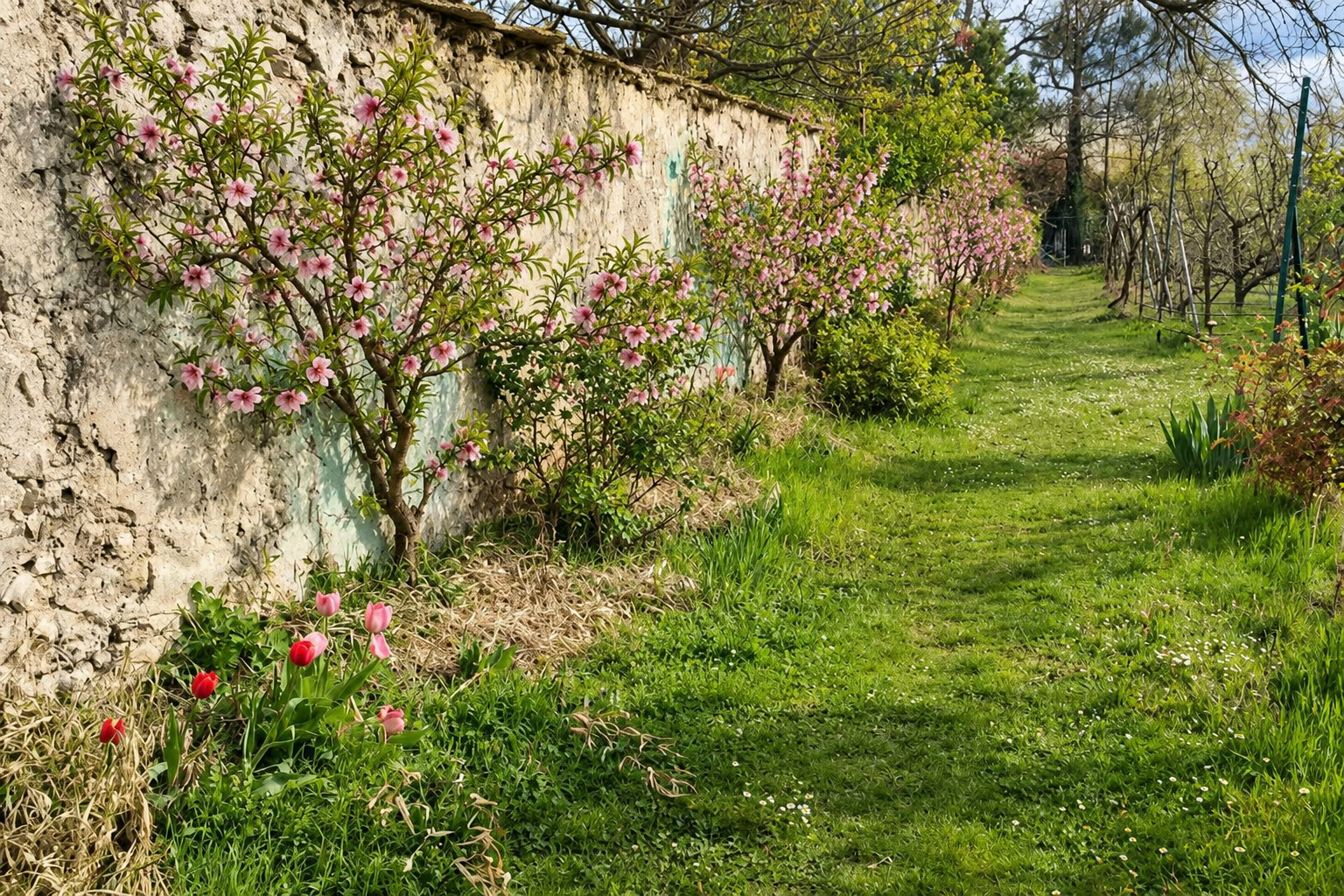Pêchers en fleurs le long des Murs à pêches de Montreuil