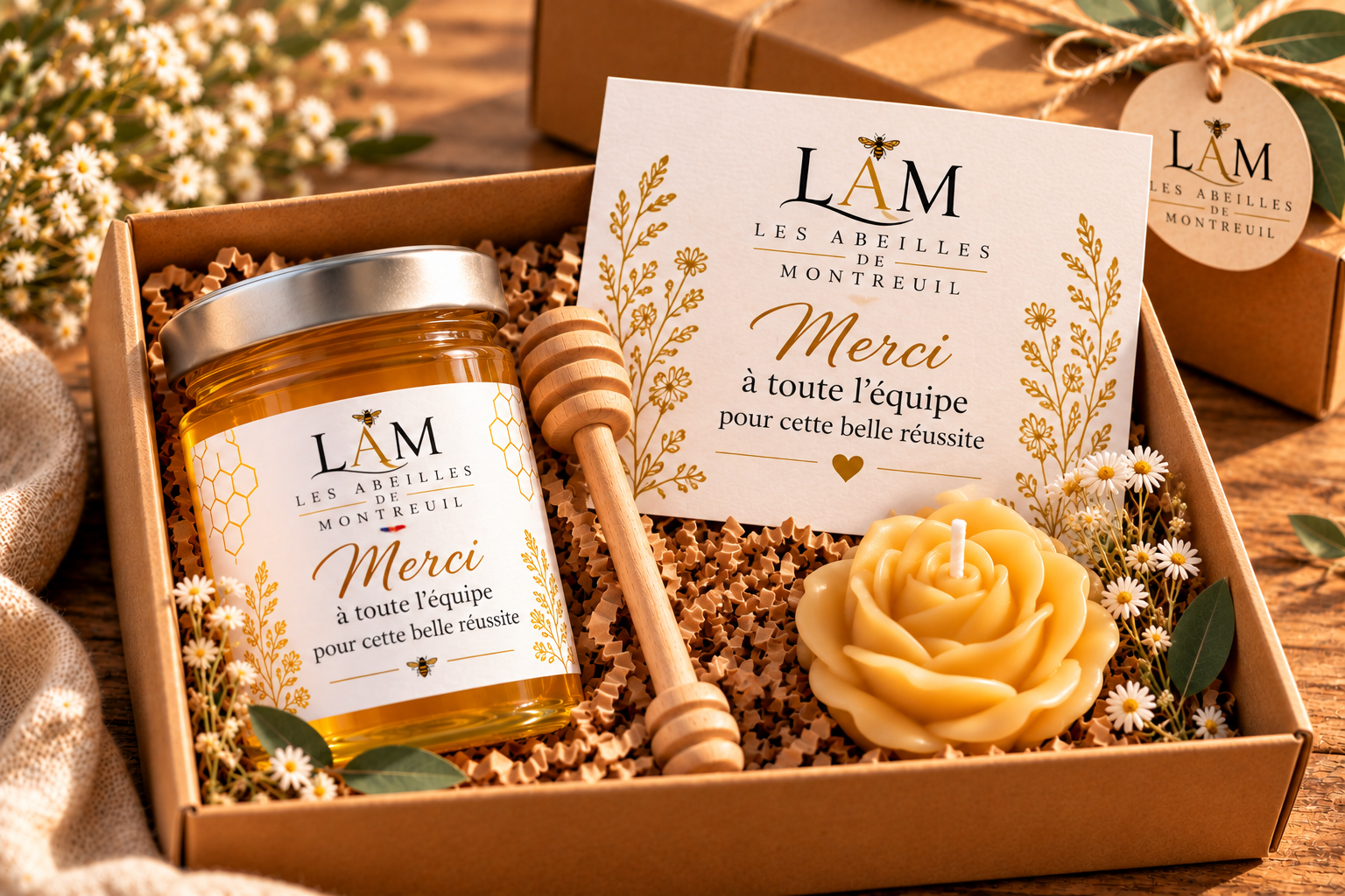 Coffret cadeau entreprise avec miel et bougie en cire d’abeille – Les Abeilles de Montreuil