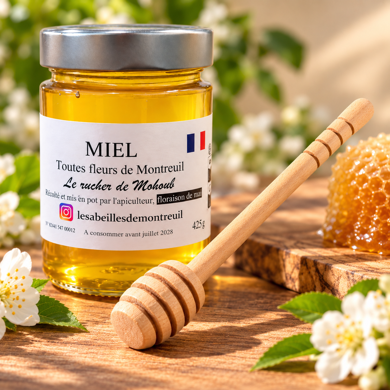 Cuillère à miel en bois 15 cm avec pot de miel